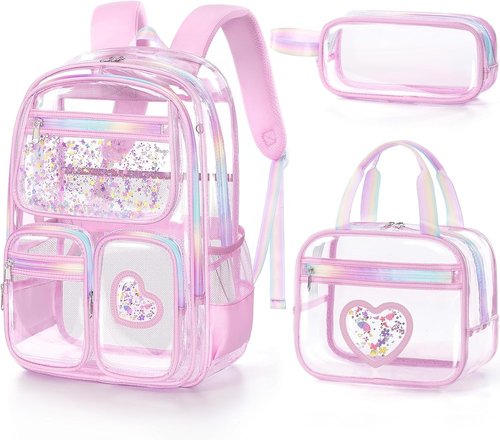 Fimibuke Clear Backpack - Heavy Duty PVC Transparent Bookbag Set for Girls | Includes Lunch Box & Pencil Case, Pink