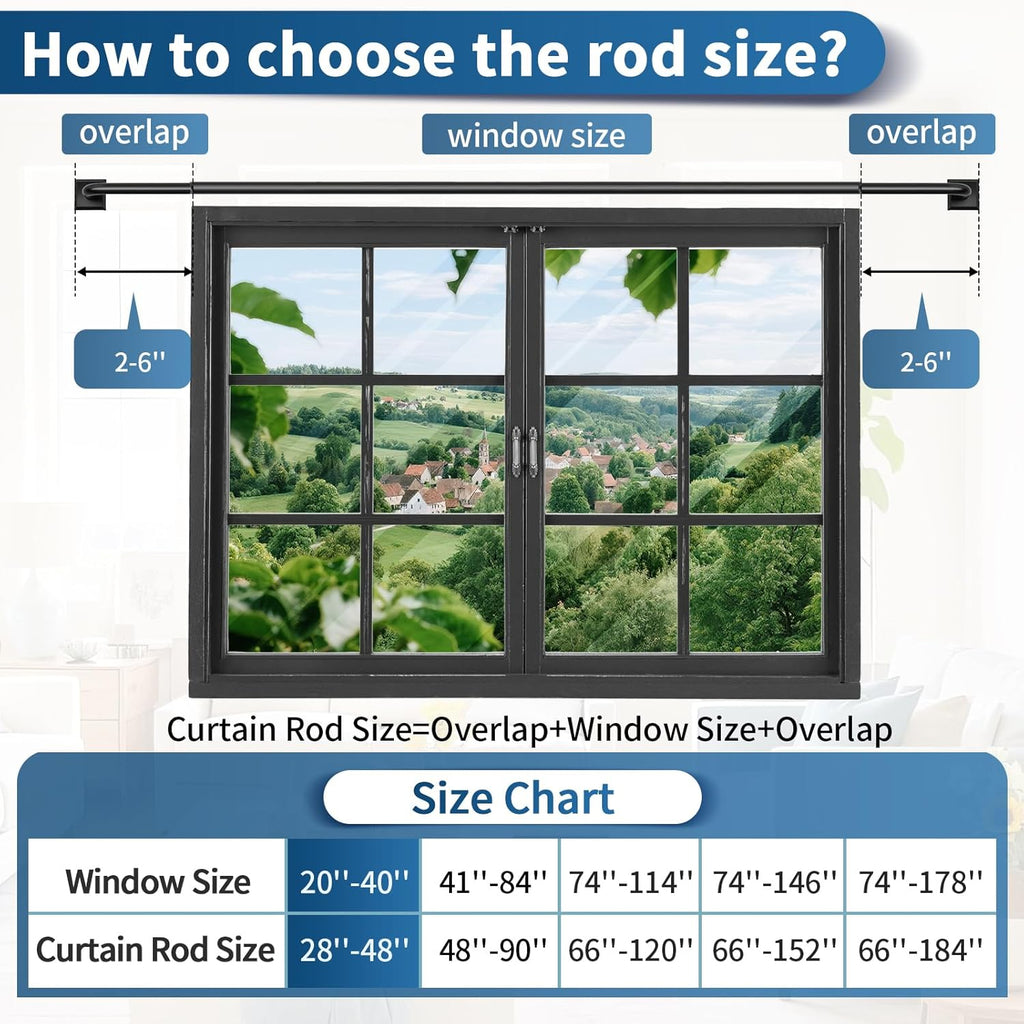 Skiennix Black Curtain Rods - Heavy Duty Adjustable 28-48 Inch French Return for Room Darkening