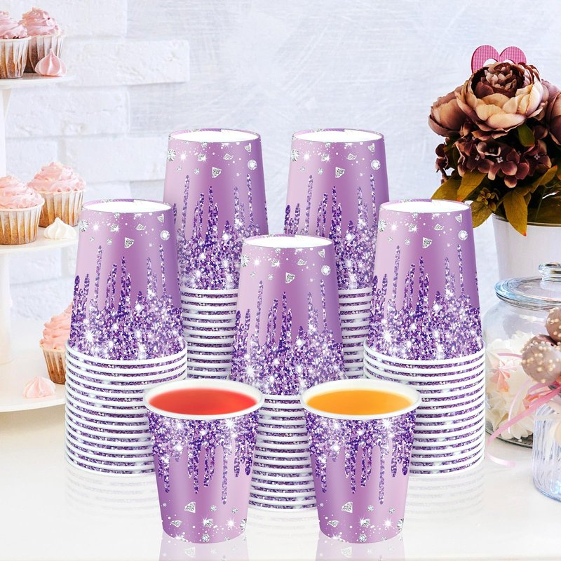 50Pcs Silver Happy Birthday Party Paper Cups 9oz Glitter Diamonds Party Cups Supplies Silver Diamonds Theme Disposable Cups for Women Girls Birthday Wedding Bridal Baby Shower Favors Decoration