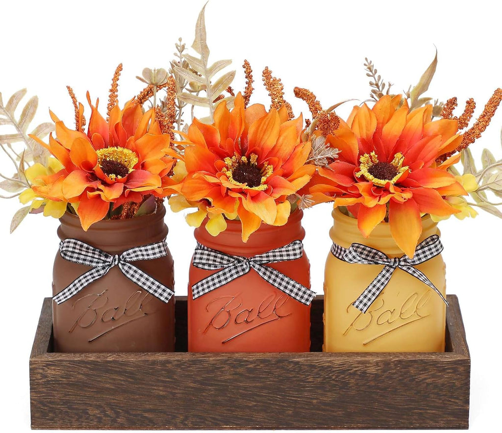 Skiennix Fall Mason Jar Centerpiece - Set of 3 Decorative Jars with Artificial Flowers for Thanksgiving Decor