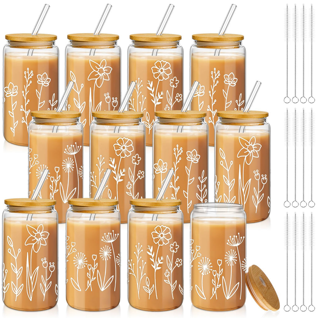 Mumufy 12 Pack Glass Cups Gift Aesthetic Cute Glass Cup Tumbler Flower Iced Coffee Mugs 16 oz with Bamboo Lid & Straw, for Wedding Birthday Bridesmaid Mom Baby Shower