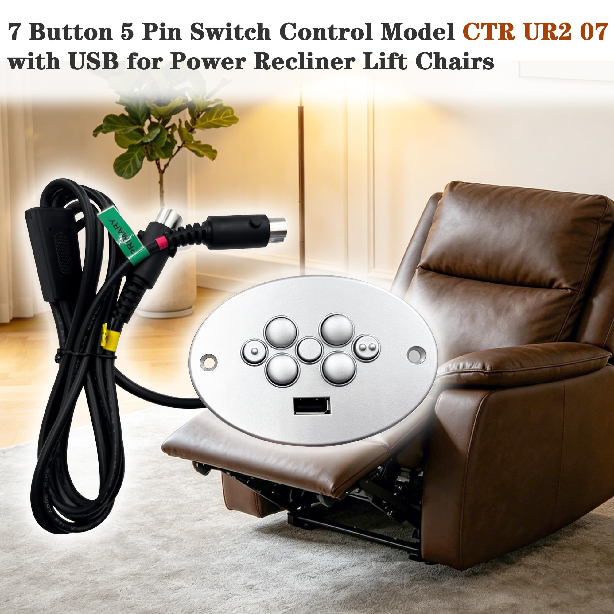 Power Recliner Raffel Systems 7 Button 5 Pin Hand Control Model CTR UR2 07 Replacement with USB and Memory Plus Buttons