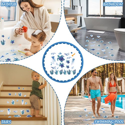 JarThenaAMCS 24 Pcs Turtle Non Slip Bathtub Sticker with Scraper Gradient Blue Anti Slip Shower Tread Adhesive Ocean Animal Shower Decal for Bathroom Floor Decoration