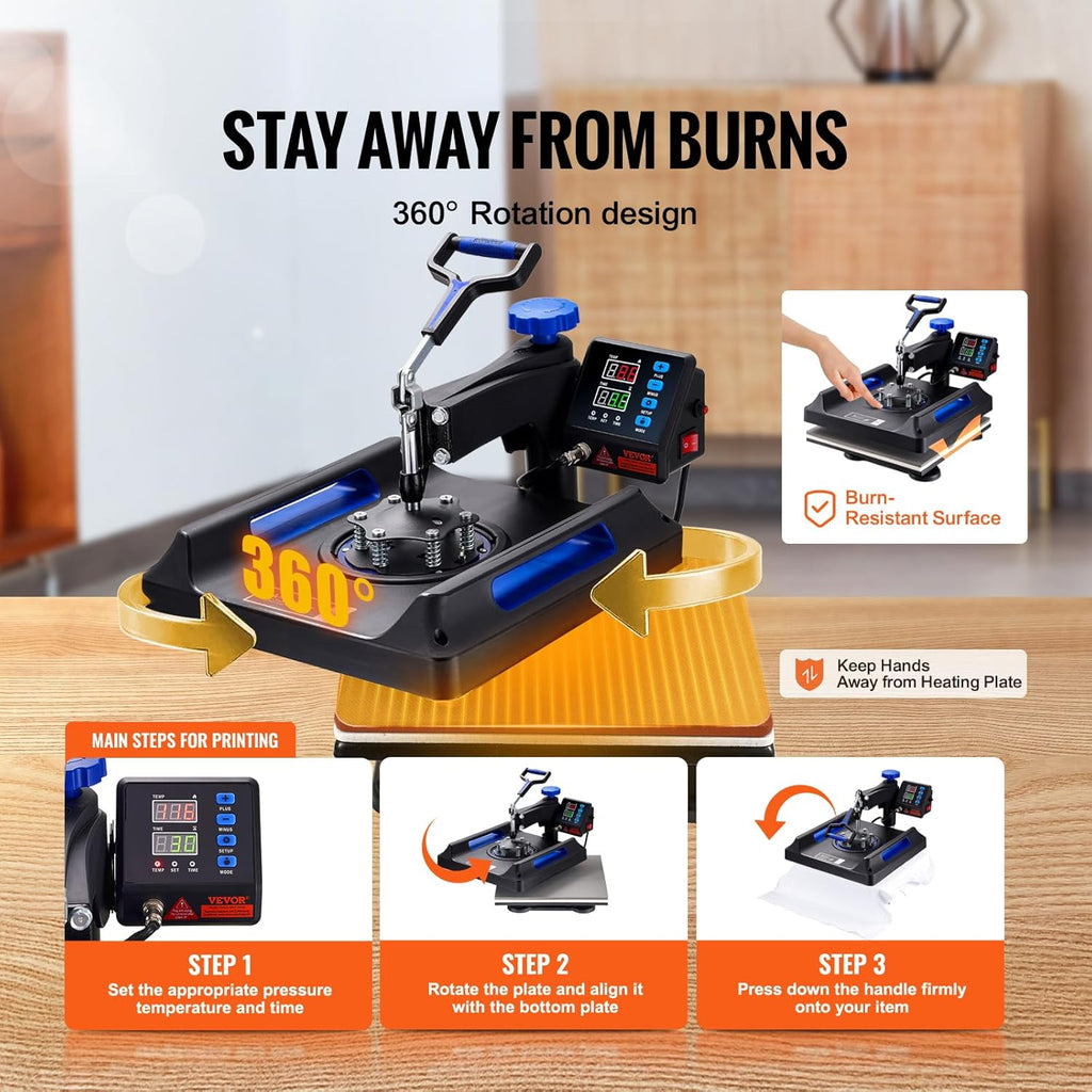 VEVOR 5 in 1 Heat Press Machine - 15x15 Inch Digital Control for T-Shirt, Hat, Mug & Plate Sublimation - Blue