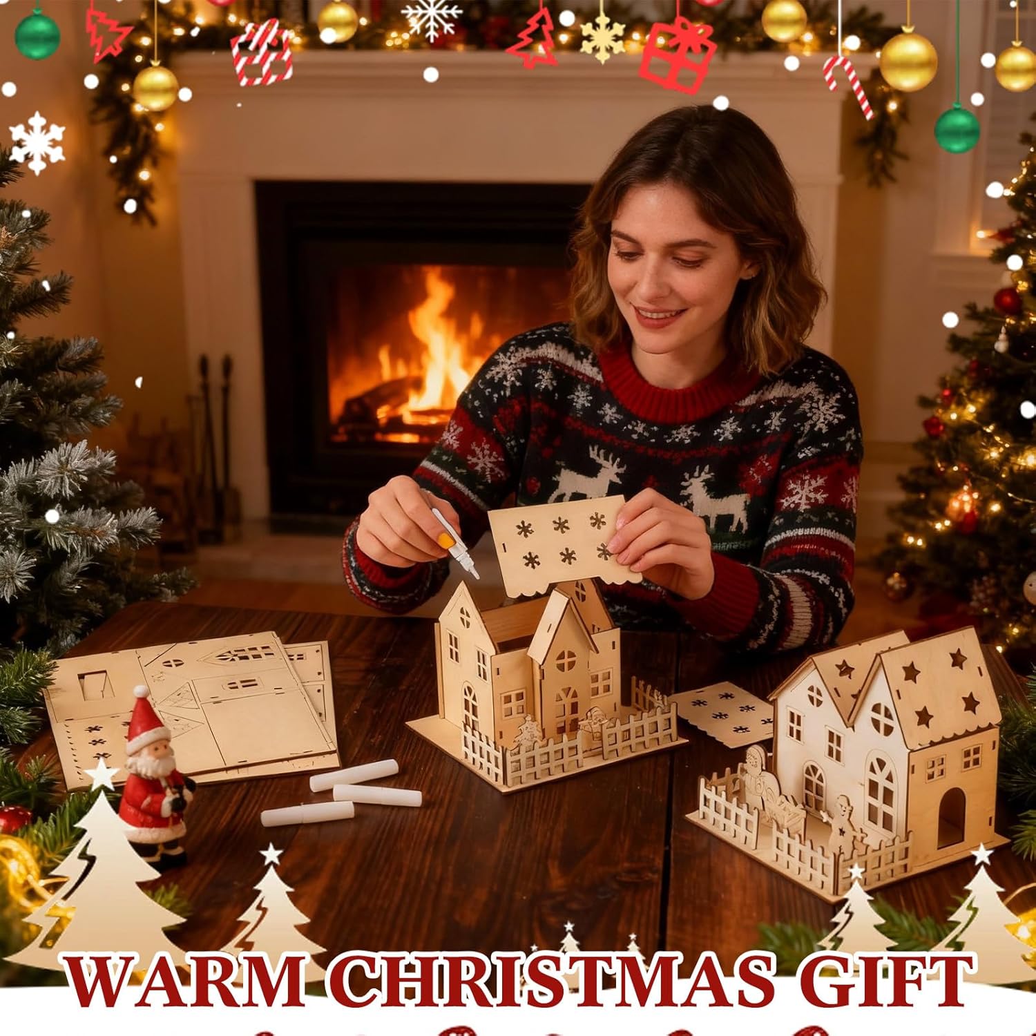 Qunclay Christmas Village Set - 4 Unfinished Wooden Houses for Holiday Crafts & Table Decor