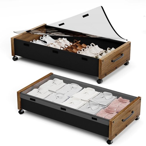 KITHELP Wooden Under Bed Storage with Wheels, Rolling Under the Bed Storage Bins with Removable Lid, Metal Under Bed Drawers for Clothes and Shoes in Bedroom or Living Room(Walnut Brown-2pack)
