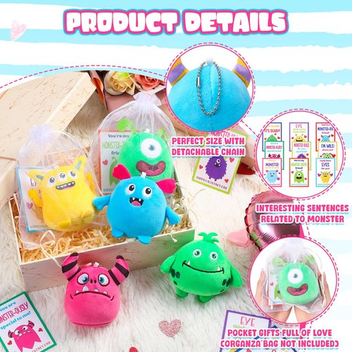 HyDren Set of 18 Kids Valentine Monster Gifts Confession Card with 3.15 Inch Monster Stuffed Animal Plush Mini Keychain for School Classroom Prize Exchange Party Favors Goodie Bag Fillers