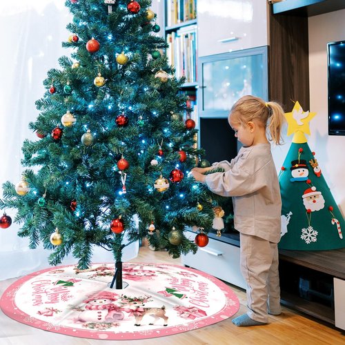 Pink Christmas Tree Skirt Merry Christmas Decoration Snowman Decoration 48 Inch Tree Skirt for Festival Party Decor Indoor Outdoor