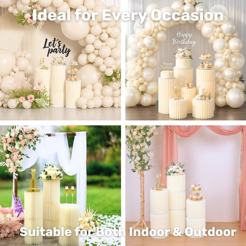 Merrifete Stacking-Block Design Cake Stands for Party, Customizable Height, Sturdy Cardboard Column with Acrylic Plate, Reusable Round Cylinder Stands for Party for Birthday, 9PCS, Milky White