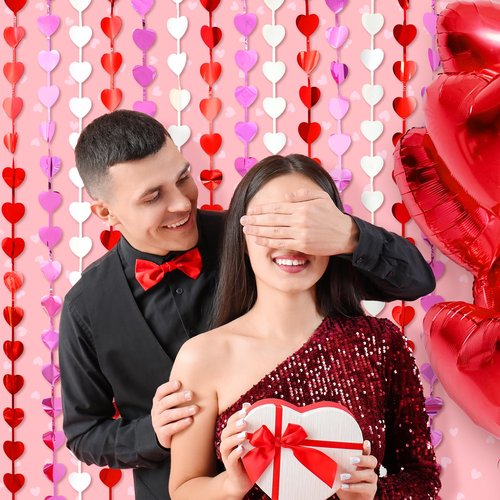 LOLStar Valentines Decorations, 2 Pack Valentines Party Decoration,3.3x6.6ft Red, Pink, White Heart Shape Tinsel Foil Fringe Curtains Photo Backdrop,Streamer Backdrop for Birthday,Engagement,Wedding