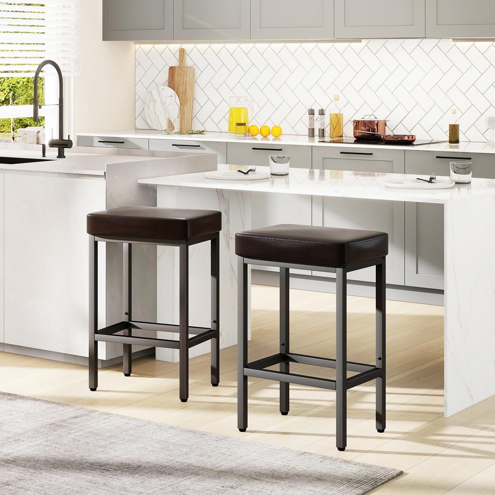 YMYNY 26 Inch Counter Height Bar Stools Set of 2, Dark Brown Modern Kitchen Barstools with Metal Leg, Bar Stool Chairs for Kitchen Island Counter Breakfast Bars Living Room Party, UHBS513K