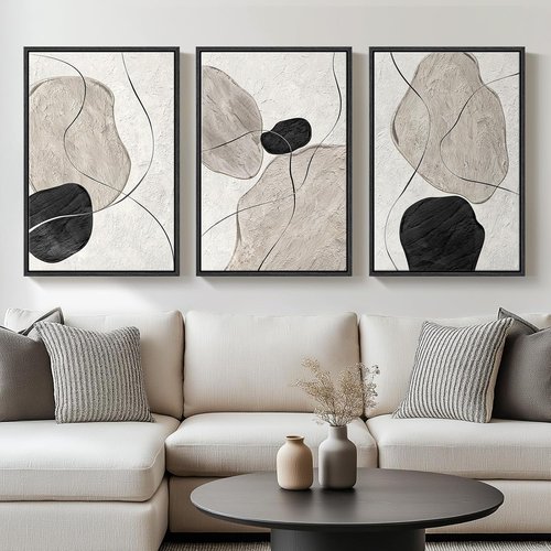 Framed Black and White Abstract Wall Art - Large 3 Piece Minimalist Canvas Set | Modern Home Decor 24x36 In