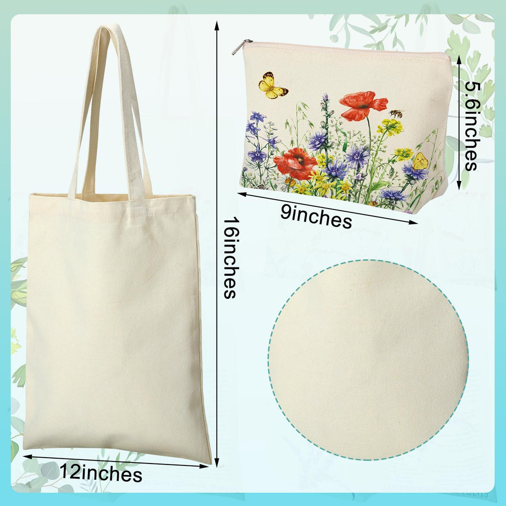 Pinkunn 8 Pcs Floral Tote Bag and Makeup Bag Set Reusable Wildflower Canvas Tote Women Gifts Bags for Graduation Birthday(Colorful)
