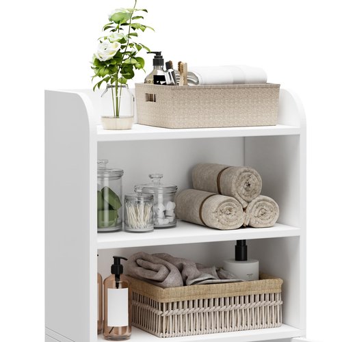 Homhedy Small Bathroom Storage Cabinet, Freestanding Toilet Paper Storage with 2 Doors and Shelves, Bathroom Organizers and Storage for Small Spaces, Laundry Room, 7.9" D x 14.6" W x 31" H, White