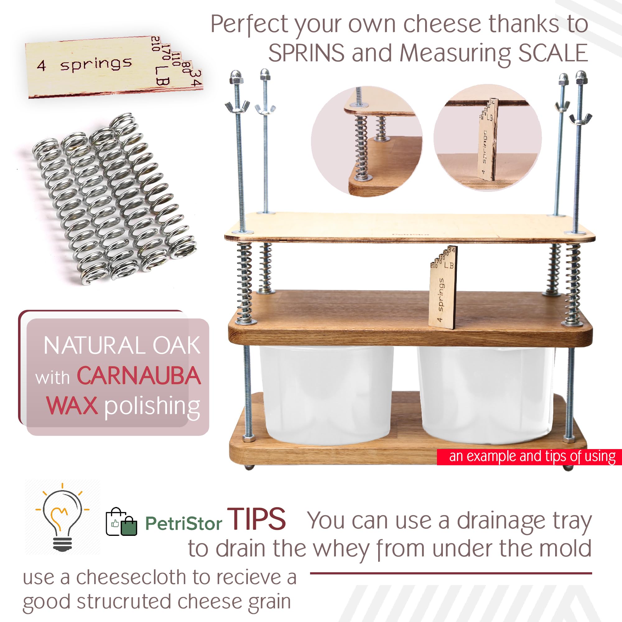 Wooden Cheese Press For Cheese Making 16 In Natural Oak 18 mm Thick - Cheese Making Kit With Wooden Cheese Press and 2 Cheese Molds 1/2 Gal, Cheesecloth, Springs and Measuring Scale Included