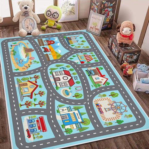 YSYTLCL Kids Rug Car Rugs 31''x47'' Playmat Carpet for Play Toy Cars for Playroom Classroom Kids Room, Non-Slip Road Traffic Floor Rug Mats, Washable Children's Town Road Play Rug.