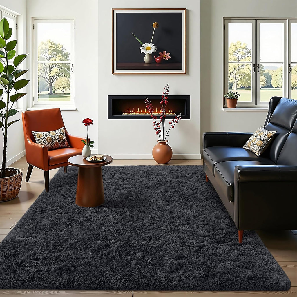 OLANLY Area Rugs - Soft Fluffy Shaggy Indoor Carpet for Living Room & Bedroom | 4x11 ft, Black