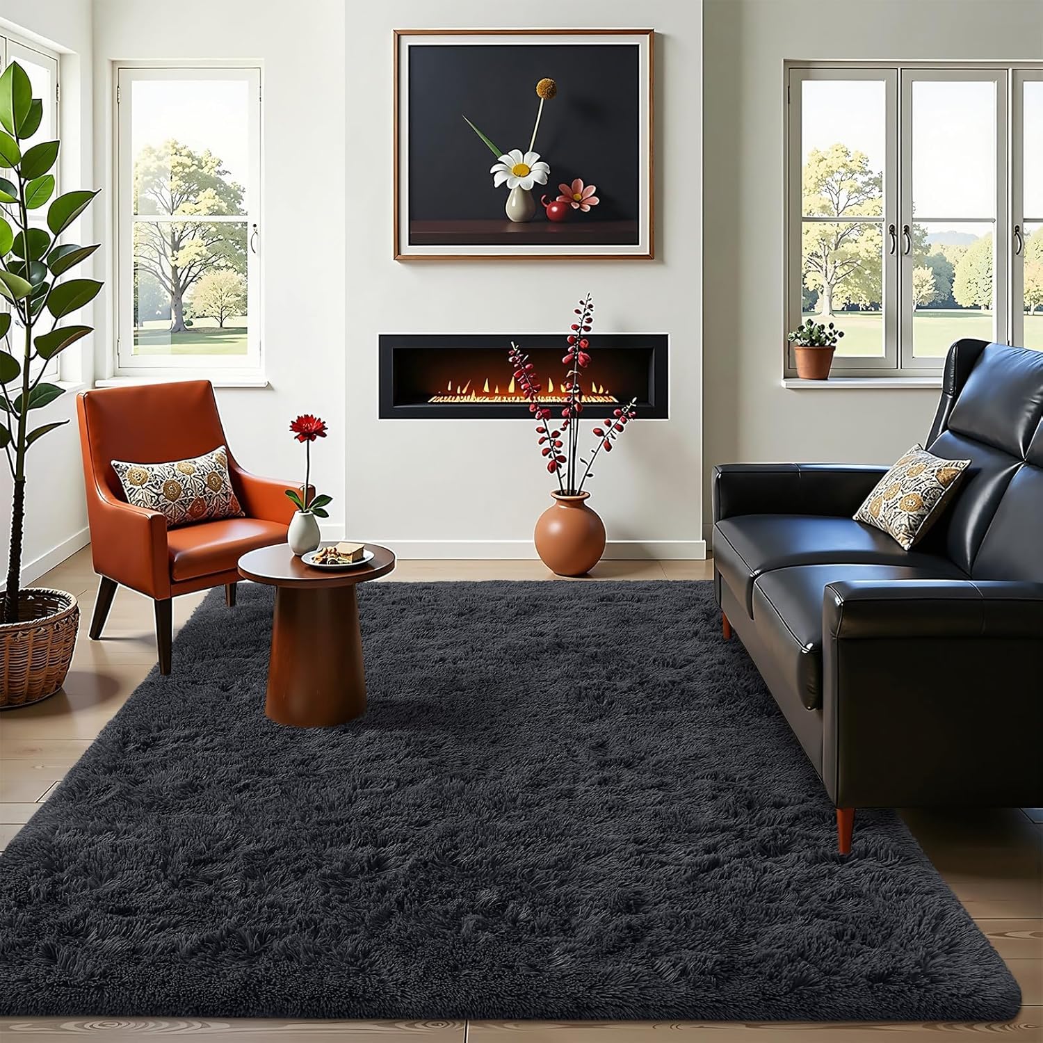 OLANLY Area Rugs - Soft Fluffy Shaggy Indoor Carpet for Living Room & Bedroom | 4x11 ft, Black
