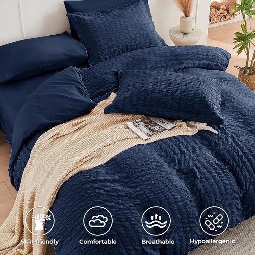 HYMOKEGE King Size Comforter Set - Navy Blue Seersucker 7-Piece Luxury Bedding Set | All-Season Comfort