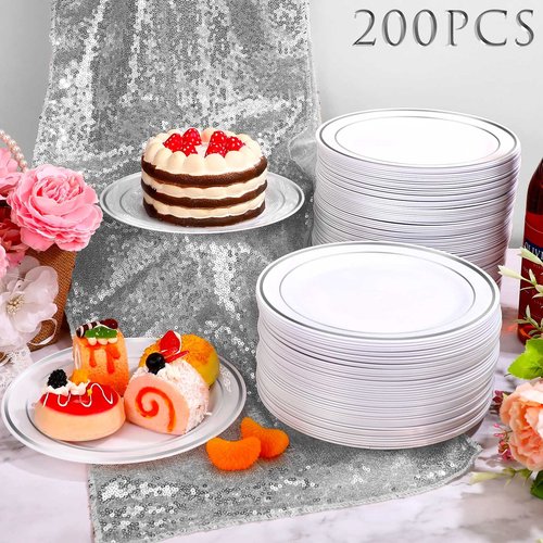 Sieral 200 Pieces Disposable Plates Plastic Party Plates with Rim Hard Plastic Appetizer Salad Dessert 7.5 Inch Elegant Heavy Duty Tableware for Dinner Wedding Party Supplies(Silver Rim)