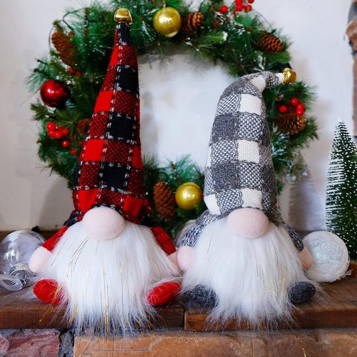 Juegoal Lighted Christmas Gnomes - 12 Inch Handmade Plush Scandinavian Tomte with Buffalo Plaid Hat | Battery Operated Holiday Decor