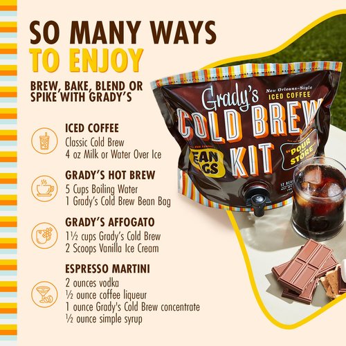 GRADY'S COLD BREW, French Vanilla, 100% Arabica Ground Coffee & Chicory Pouches, All-in-One Cold Brew Kit with 12 Easy-to-Brew Bags, Makes 36 Drinks