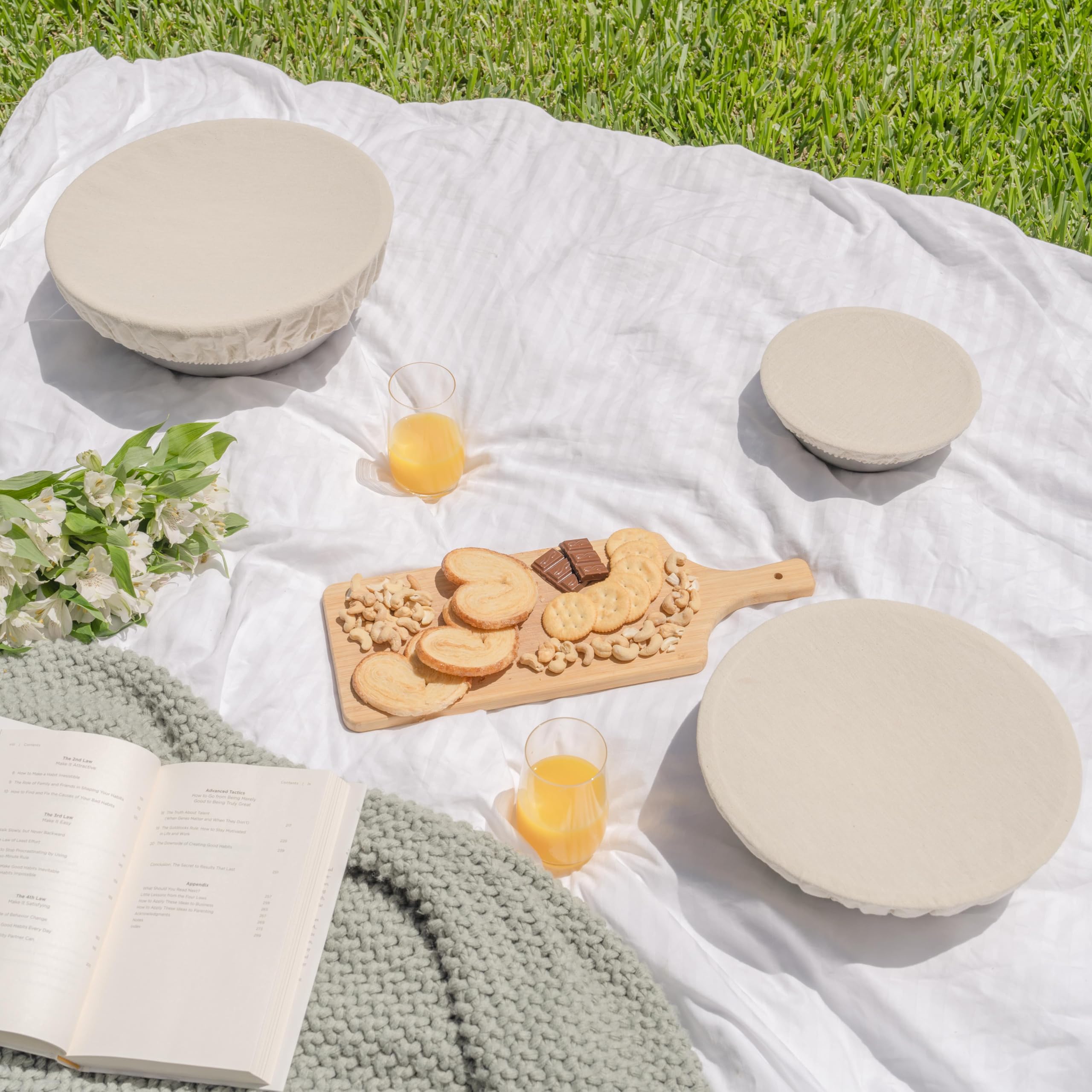 Reusable Fabric Bowl Covers for Bread Proofing - Washable, Dye-free, and All-Natural 100% Linen Cloth Bowl Covers for Bread Rising - Elastic Closure to Fit Multiple Bowl Sizes (1 XL, 1 L, 1 M, 1 S)