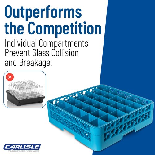Carlisle FoodService Products Opticlean Divided Glass Rack with 36 (4.75 x 2.91 Inch) Compartments for Kitchen and Restaurant, Plastic, 19.88 x 19.88 x 5.50 Inches, Blue
