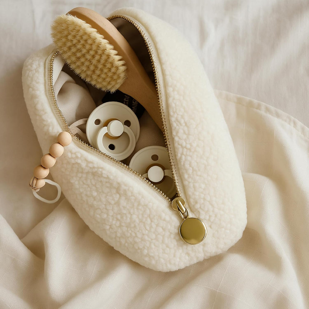 Orelle Bouclé Diaper Caddy Organizer - Portable Changing Table with Matching Pouch & Moon Pendant | Cream