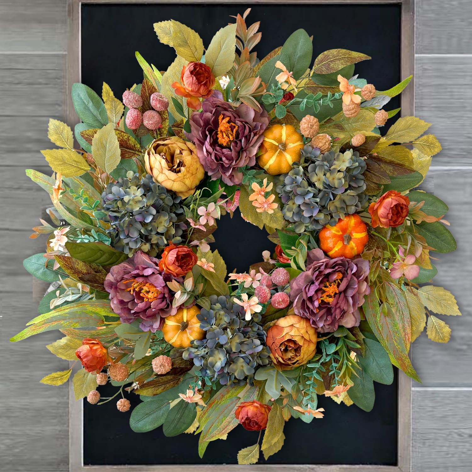 WANNA-CUL 24 Inch Fall Wreath - Blue Hydrangea & Purple Peony | Autumn Door Decoration