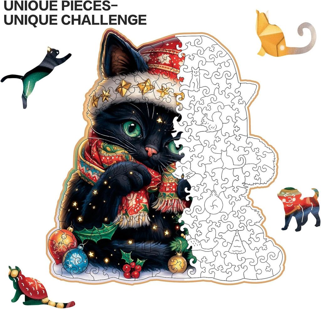 Skiennix Wooden Jigsaw Puzzle - Unique 200-Piece Christmas Cat Design | 11 x 11 Inch Challenge for Adults