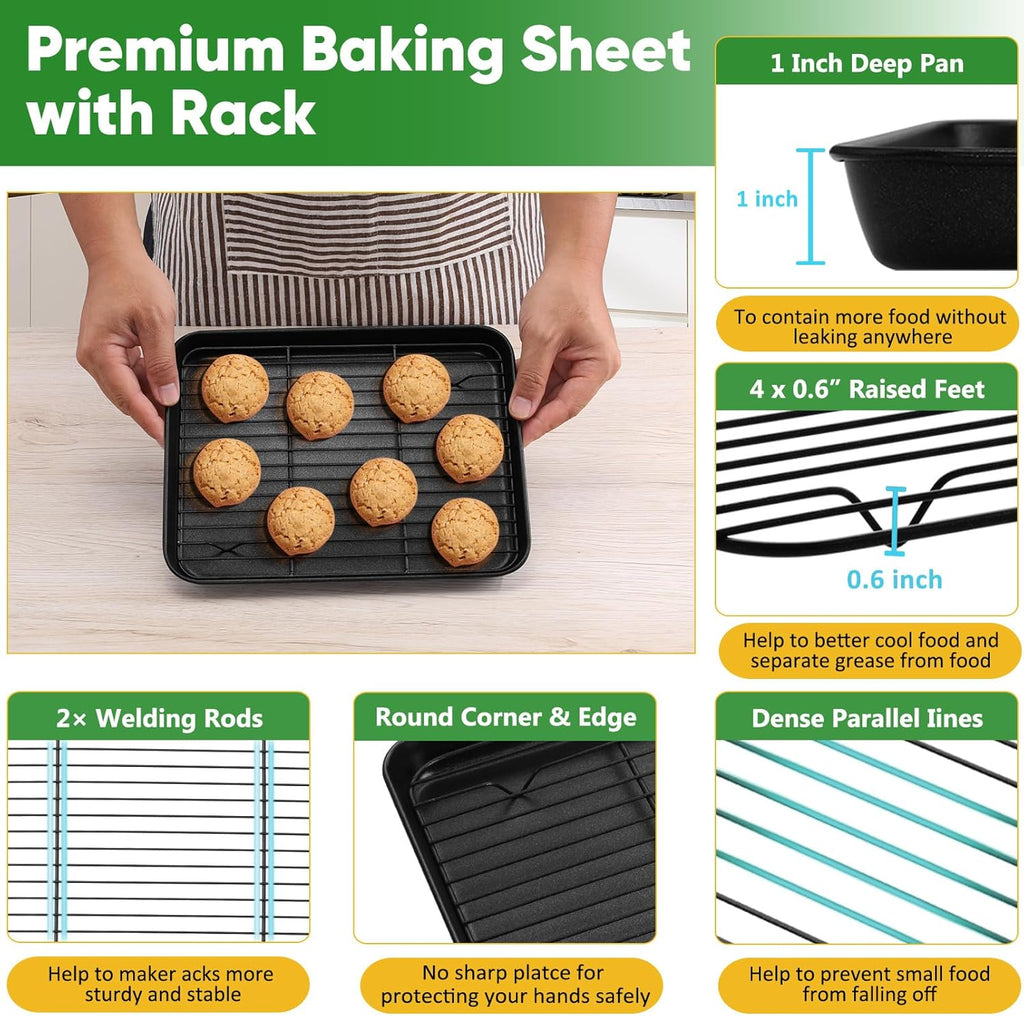P&P CHEF Nonstick Baking Sheet Pan with Cooling Rack - Easy Clean Oven Tray, Black, 10.4 x 8 Inch