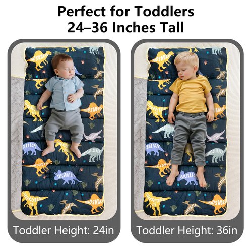 Primlect Thick Toddler Nap Mat with Removable Pillow and Minky Blanket, 45" x 35" Sleeping Bag, Fits Kids 24–36 inch, Washable, Portable for Daycare, Boys and Girls (Dinosaur)