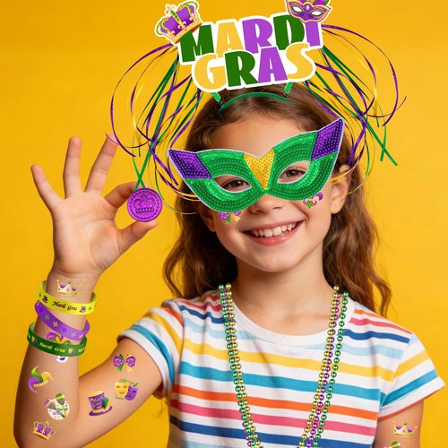 DMIGHT 124 Pcs Mardi Gras Accessories Set Bulk Party Favors Supplies with Headbands Masks Beads Necklaces Coins Tattoos for Mardi Gras Masquerade Parade Carnival Parade