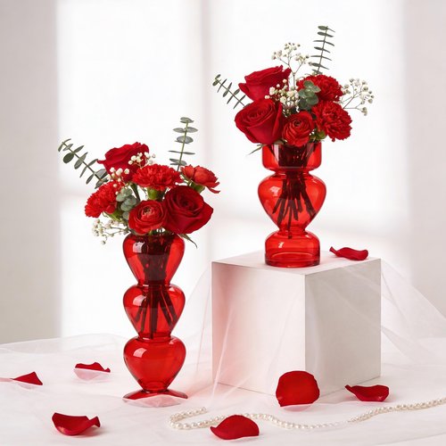 Acellegic 2 Pcs Valentine's Day Red Glass Bud Vase Table Centerpiece Red Heart Transparent Glass Vase Valentines Home Indoor Decor Table Decor for Proposal Valentine Gifts Mothers Day Bridal Shower