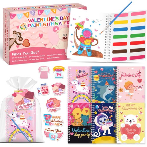 24 Pack Water Coloring Books Valentine's Day Party Favors for Kids, Water Coloring Books Bulk for Kids Valentine's Day Goodie Bag Stuffers, School Teacher Return Gift Exchange Party Classroom Prizes
