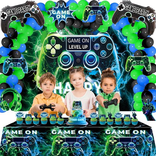 Video Game Party Decorations Set – Gamer Birthday Supplies with Backdrop, Table Cover, Hanging Swirls, Cake Toppers, Foil Balloons for Boys & Kids