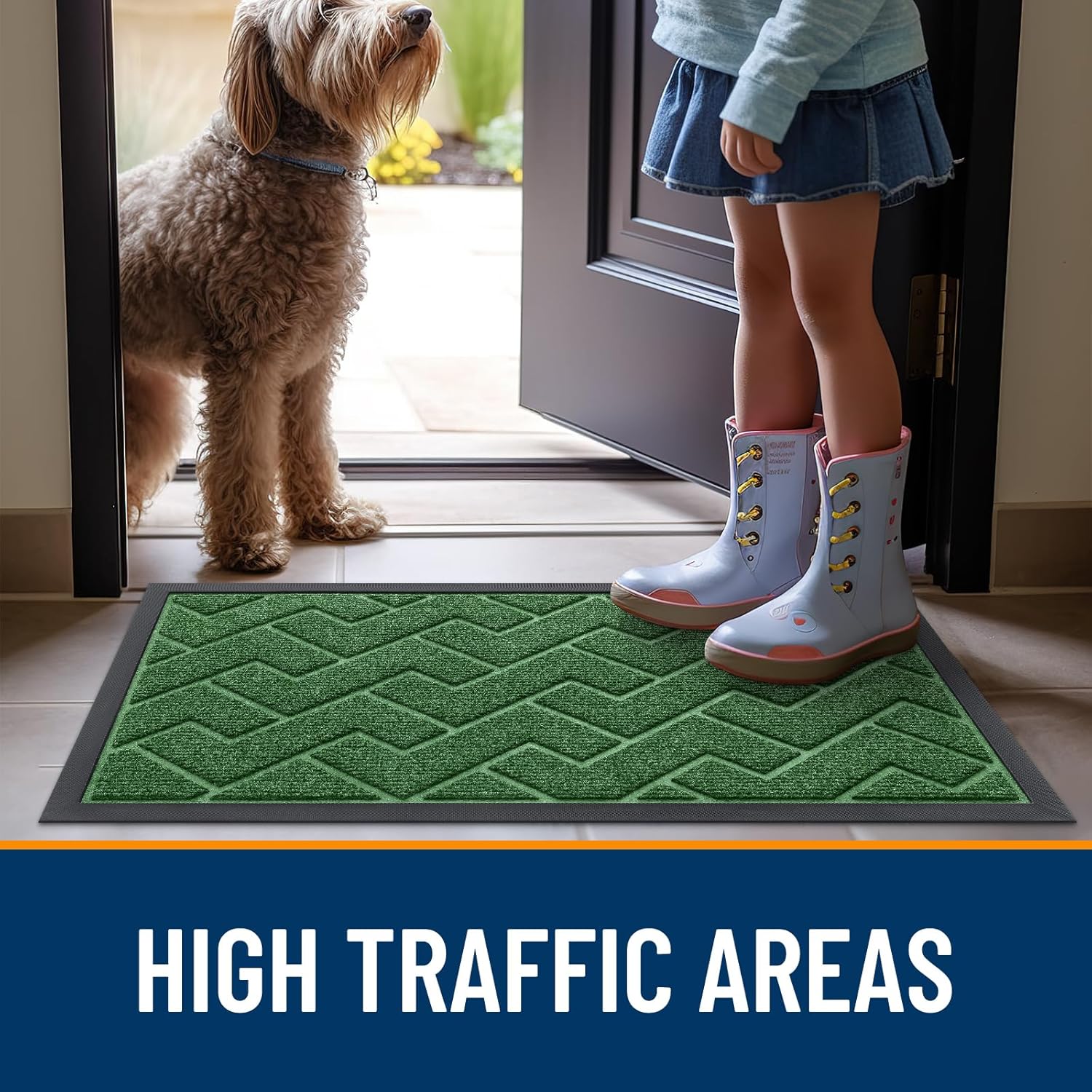 OLANLY Indoor Outdoor Front Door Mat - Waterproof All-Weather Herringbone Design | Easy Clean, 71x47 Inches, Green