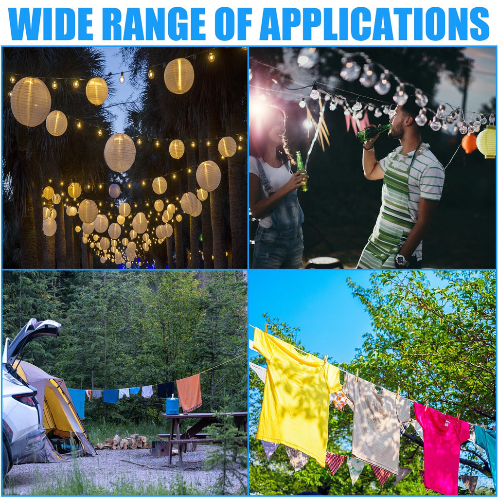 VIVBOO 40ft Clothes Line Outdoors 3/16" Wire Ropes Blue PVC Coating Laundry Drying Clothesline Retractor with Metal Hooks Heavy Duty for Umbrella Travel Outside Camping Backyard