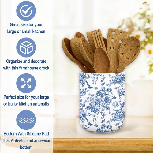 JarThenaAMCS Chinoiserie Floral Ceramic Utensil Holder Blue Flower Butterfly Utensil Crock for Home Kitchen Countertop Storage Organizer Container
