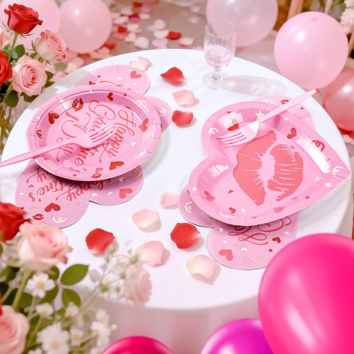 109PCS Happy Galentine's Day Party Supplies,Pink Love Heart Disposable Paper Plates Napkins Cups Forks Dinnerware for 24 Guest,Galentines Banner Balloons for Valentine's Day Anniversary Decorations