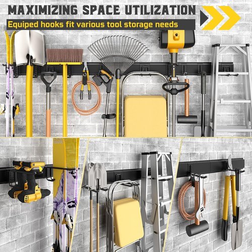 64" Garage Tool Organizer - Heavy Duty Steel Storage Rack with 12 Adjustable Hooks | Ideal for Yard, Shed, Garage