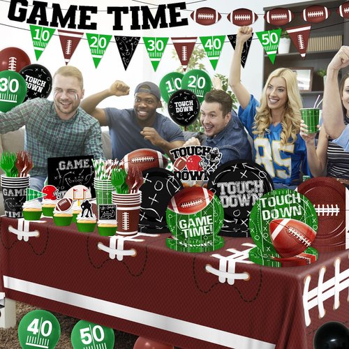 Football Party Decorations Serve 24, 189Pcs Football Party Supplies Includes Plates,Napkins,Cups,Tablecloth,Banner,Balloons,Cupcake Toppers for Game Day Tailgate Football Birthday Party Decorations