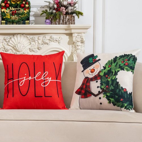Hongsome Christmas Throw Pillow Covers - Set of 4 Decorative Snowman & Santa Cases | 18x18 Inches Red & White Holiday Decor