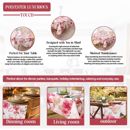 Majestic Giftware Polyester Tablecloths for Rectangle Tables | (60/90) - TC1500 Red Floral Print Hem Stitch Dining Table Cover | Decorative Washable Tablecloth for Home, Kitchen & Dining