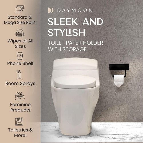 Day Moon™ Toilet Paper Holder - Modern Wall-Mounted Roll Holder with Storage - Black Finish