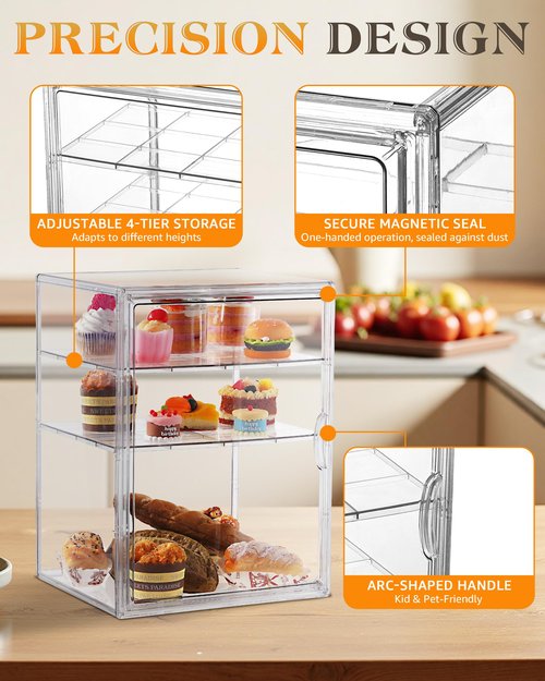 Clear Pastry Display Case, Bread Case for Kitchen Countertop-4 Layers Adjustable, Large Capacity Clear Bread Box for Home-Baked Breads,Muffins,Bagel Storage Container, Bread Holder