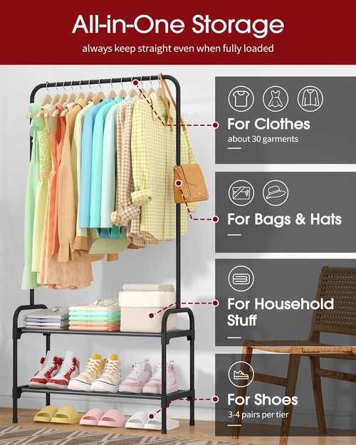 Sakugi Clothes Rack - Clothing Rack with 2-Tier Shoe Rack and Anti-Slip Stopper, Shoe Organizer for Entryway, Bedroom, or Laundry, Black, 29" × 12.2" × 59.3"