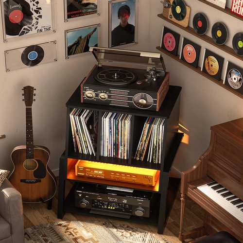 Homieasy Record Player Stand with Power Outlet & Smart LED, 3-Tier Vinyl Record Storage Cabinet for 200+ Albums, 22" Turntable Station with Wooden Dividers, Modern End Table for Small Space, Black