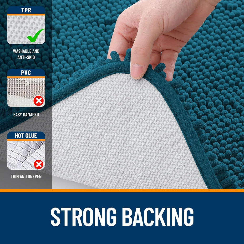 OLANLY Bathroom Rugs - Extra Soft Chenille Bath Mats with Rubber Backing | 59x20, Quick Dry, Peacock Blue